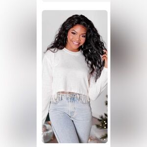 All Together Again Oatmeal Pearl Trim Sweater